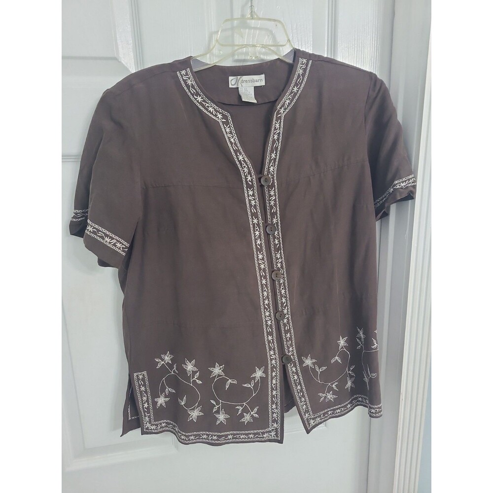 VINTAGE Dressbarn Button Up Blouse Womens Size 1M Floral Embroidered Brown White